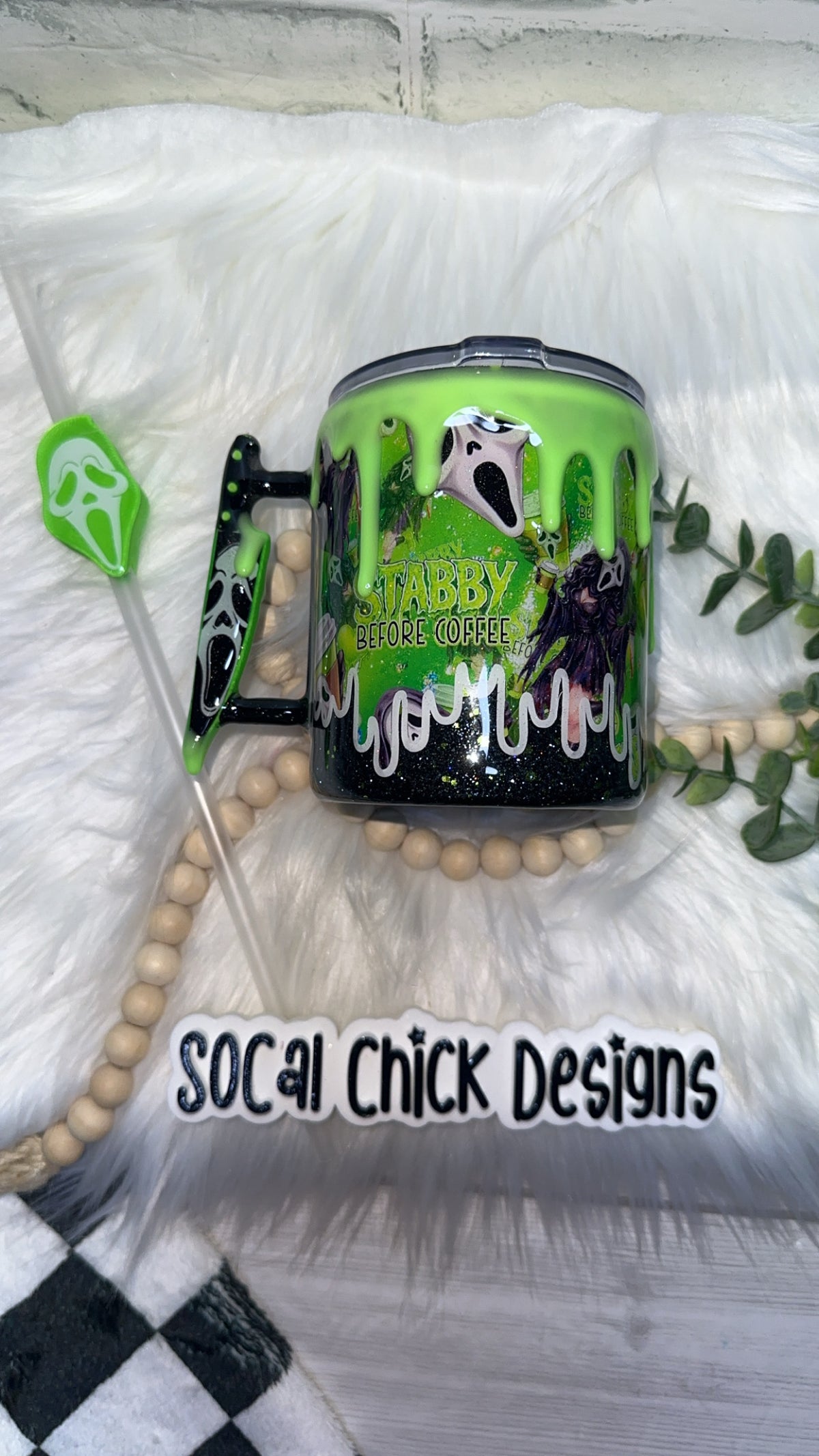 RTS {Stabby Before Coffee w Mini Knife Handle, Glow Drip & SnowGlobe Bottom} 12oz Mug