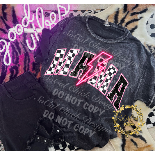 MTO {Mama Check Pink Neon -  Black Mineral Wash} Adult Shirt