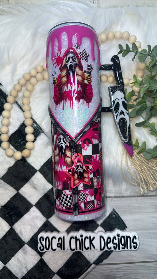 RTS {Horror Mama GF w Zipper & Charm, Knife Handle, Drip & Snowglobe Bottom} 32oz Skinny