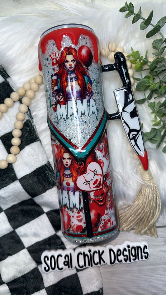 RTS {Horror Mama Penny w Zipper & Charm, Knife Handle, Drip & Snowglobe Bottom} 32oz Skinny
