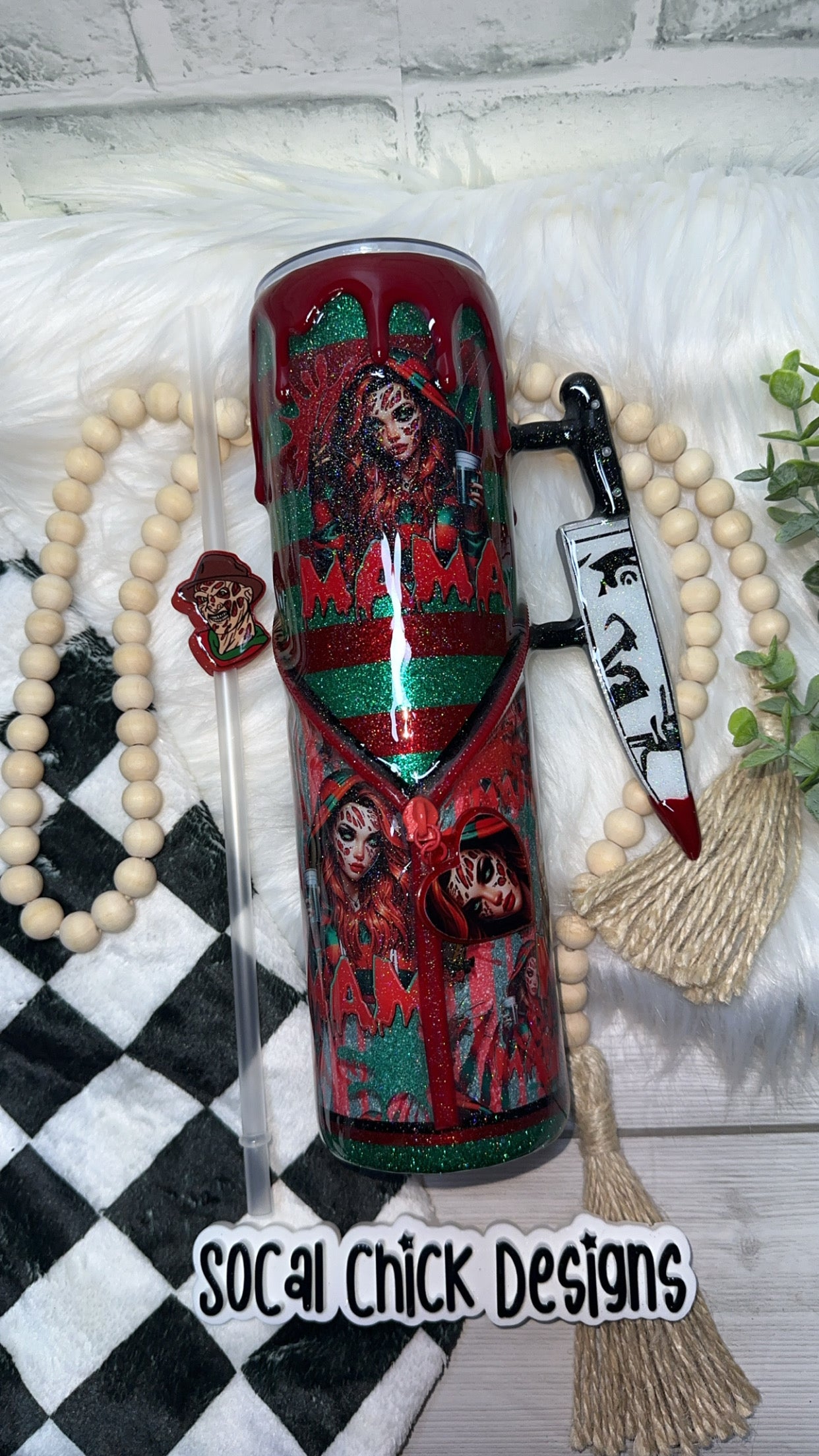 RTS {Horror Mama Fred w Zipper & Charm, Knife Handle, Drip & Snowglobe Bottom} 32oz Skinny