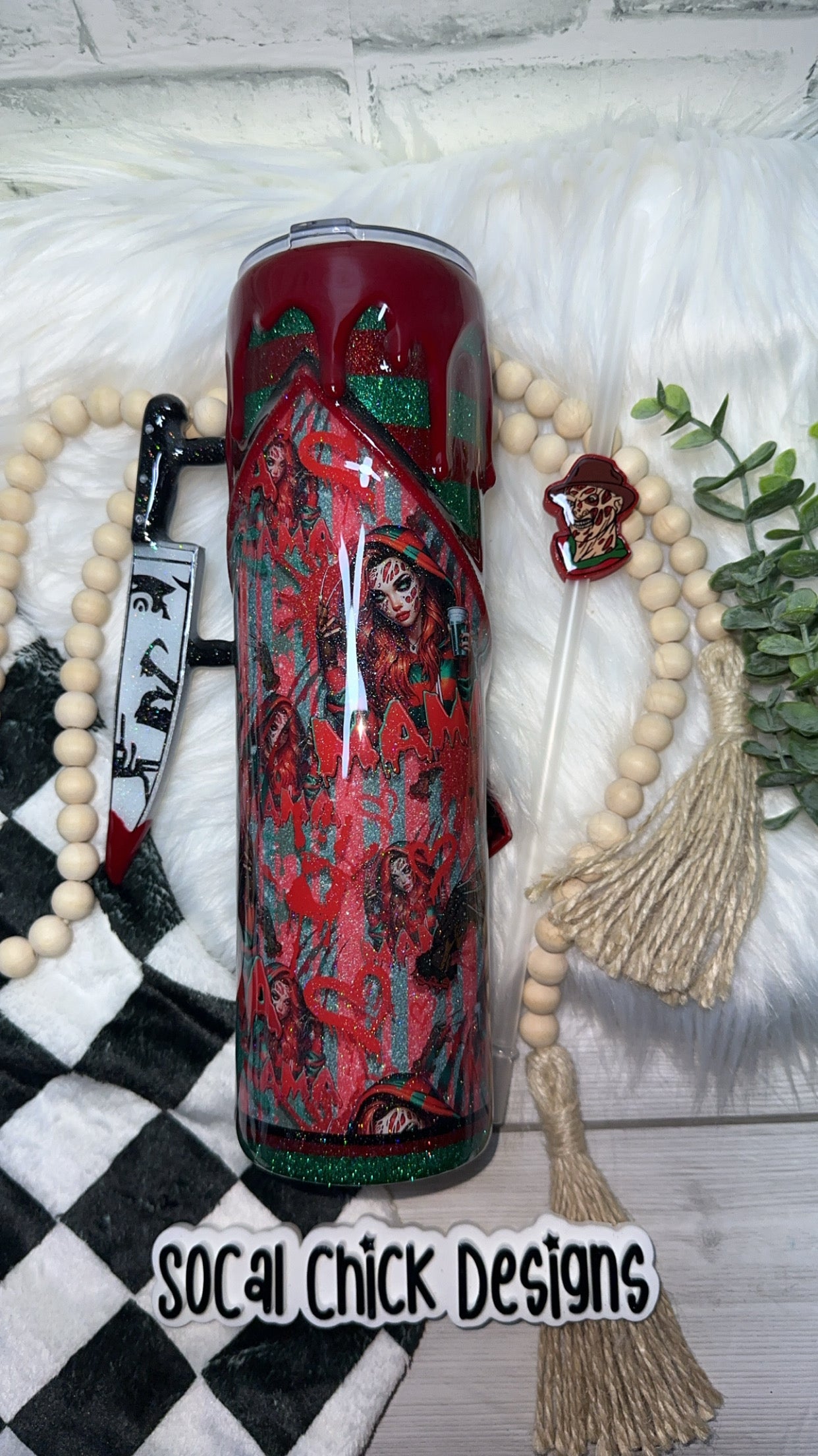 RTS {Horror Mama Fred w Zipper & Charm, Knife Handle, Drip & Snowglobe Bottom} 32oz Skinny