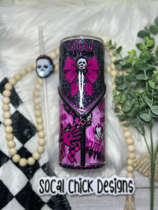 RTS {Cute But Psycho w Zipper & Charm & Snow Globe Bottom} 24oz Skinny