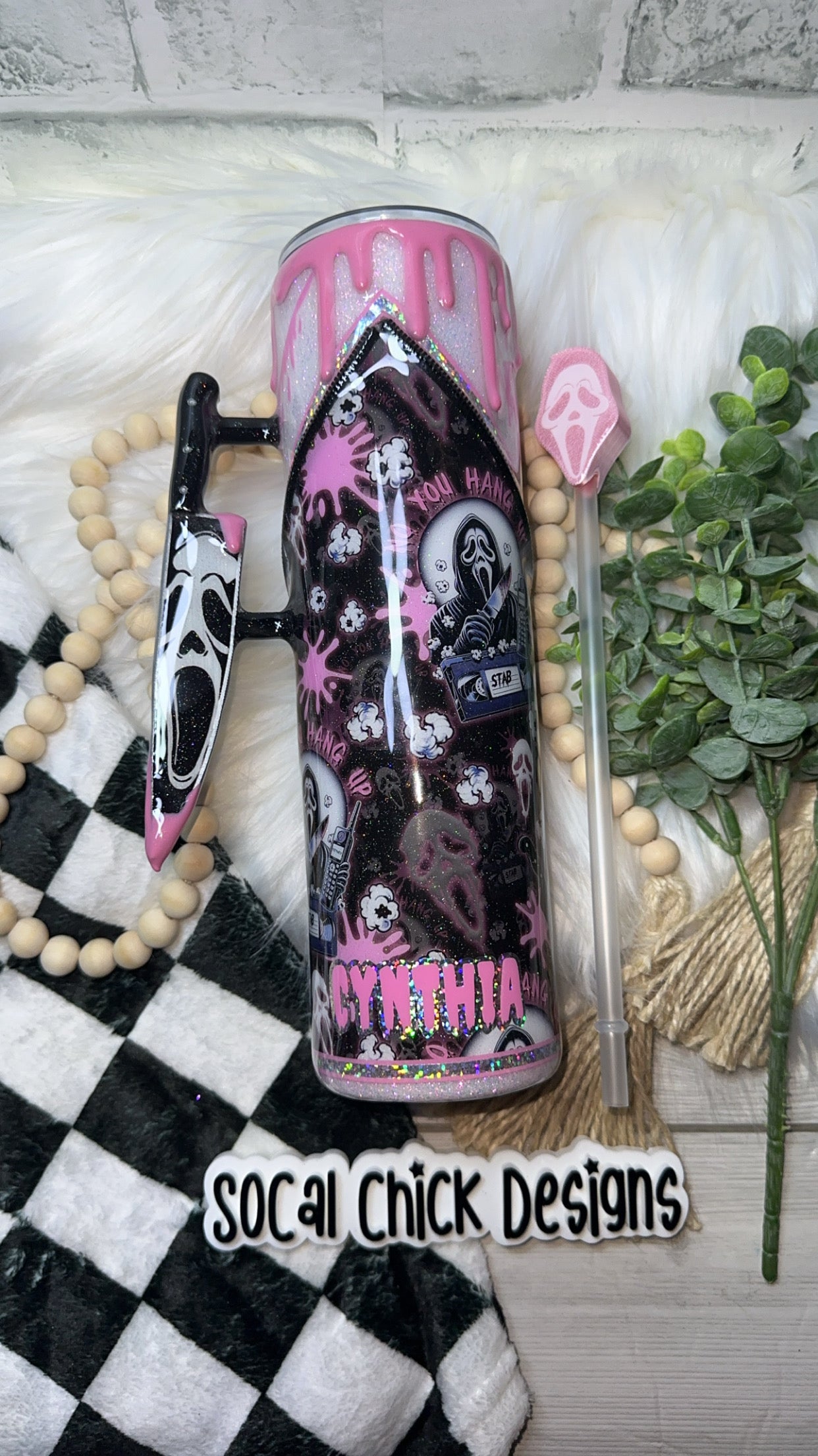 MTO {GF Stab with Snow Globe Bottom & Knife Handle} Pink or Red, Select Your Tumbler Style