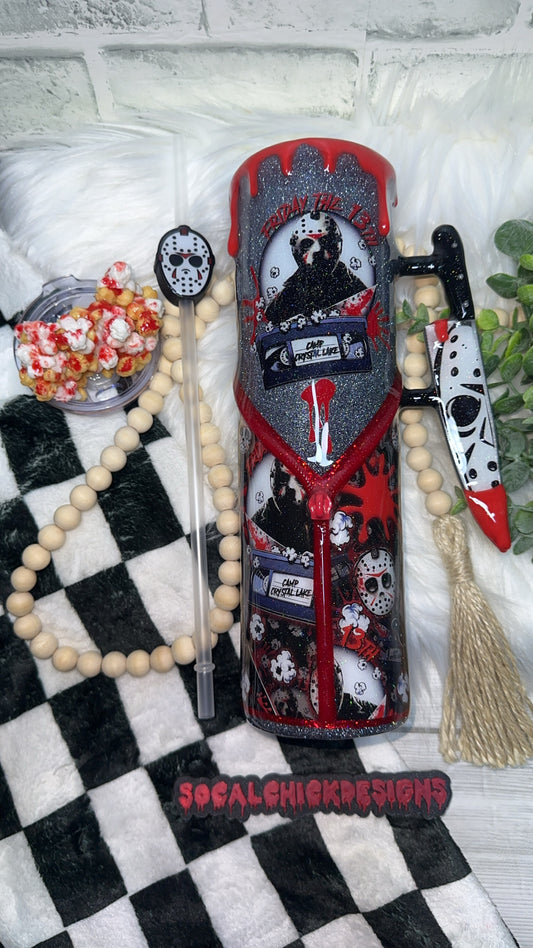MTO {Friday The 13th Jason with Snow Globe Bottom & Knife Handle} Select Your Tumbler Style