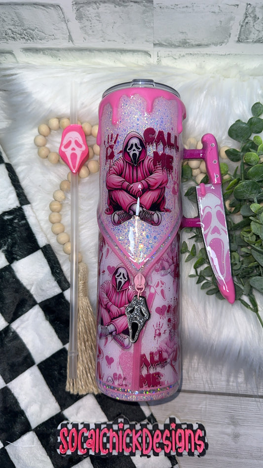 RTS {PINK Call Me w Zipper, Charm, Snow Globe Bottom, Drip & Knife Element } 32oz Skinny