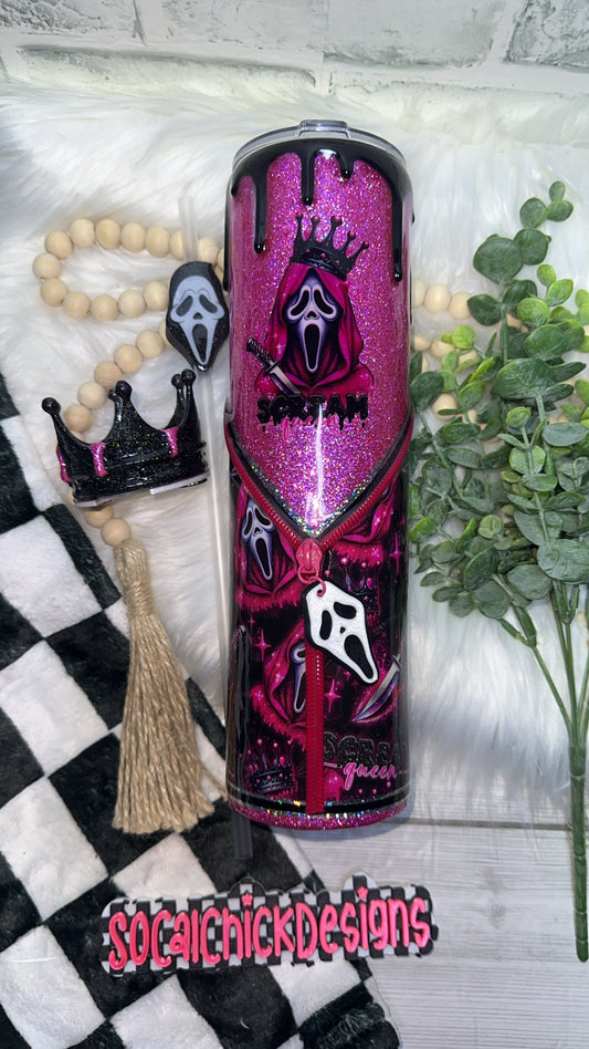 RTS {Scream Queen with Zipper, Charm, Snow Globe Bottom & Crown Lid Topper} 30oz Skinny