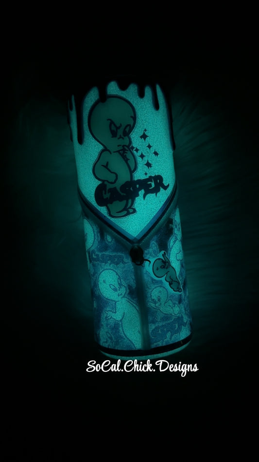 RTS {Glow- Friendly Ghost with Zipper, Charm, Snow Globe Bottom and Drip} 24oz Skinny