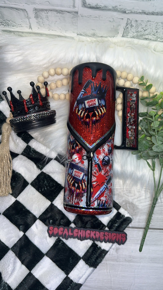 RTS {Horror Queen Zipper, Charm, Snow Globe Handle & Bling Lid & Crown Topper} 30oz Skinny Slurp