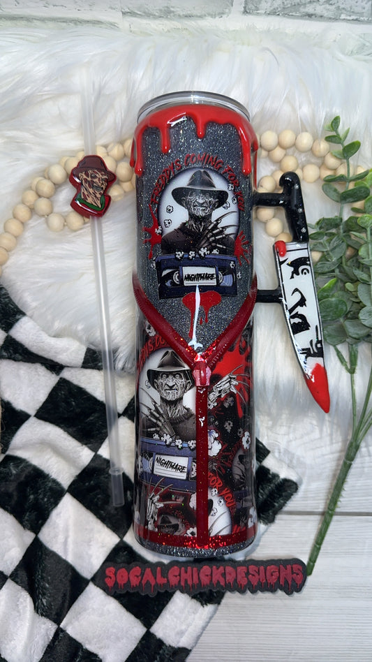 RTS {Freddy's Coming For You Zipper & Charm, Knife Handle, Drip & Snow Globe Bottomf} 32oz Skinny