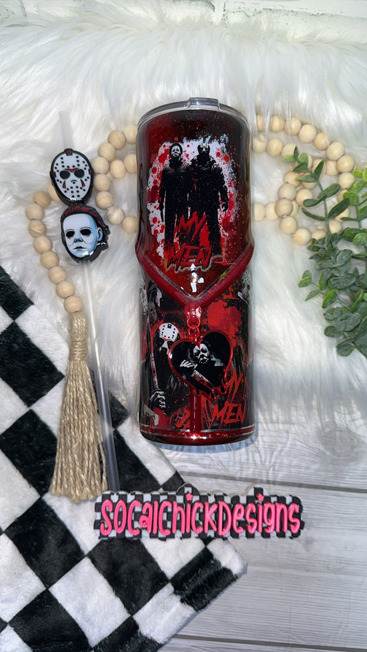 RTS {My Men -Jason & Michael Zipper Tumbler, Charm & Snow Globe Bottom} 24oz Skinny