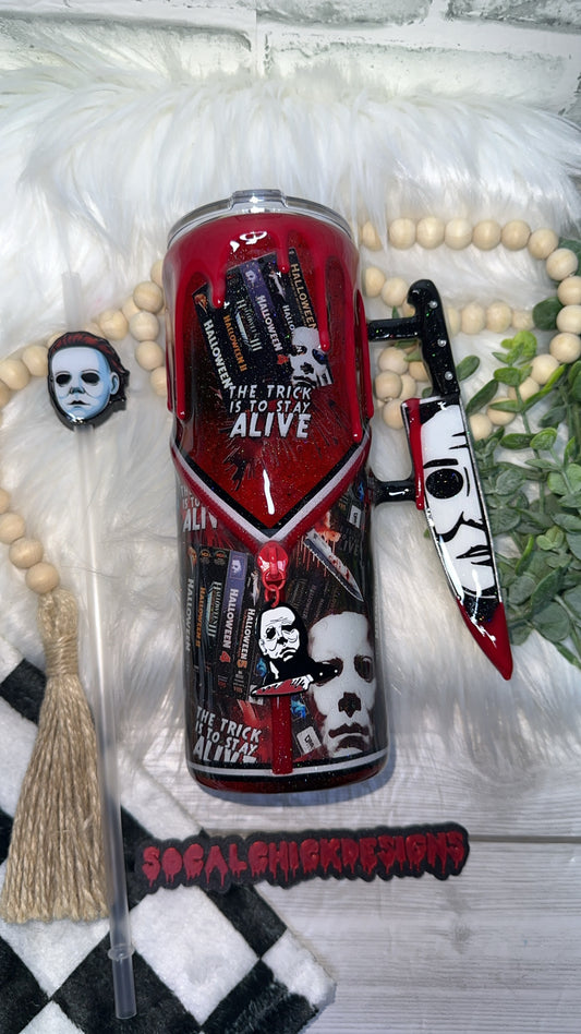 RTS {Michael Movies Zipper Tumbler with Charm, Knife Handle, Drip & Snow Globe Bottom} 24oz Skinny