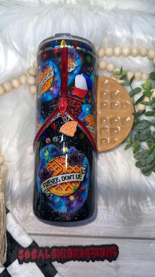 RTS {Friends Don't Lie Zipper Tumbler with Charm, Waffle Handle & Snow Globe Bottom} 24oz Skinny