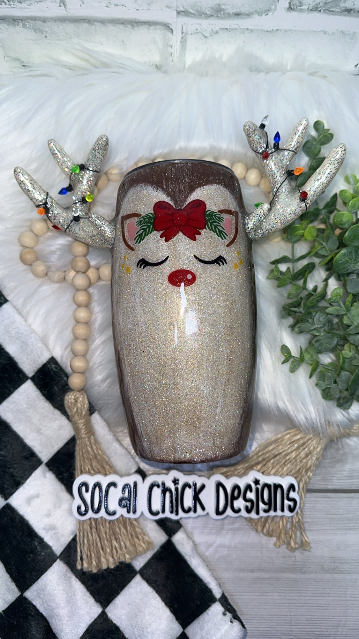 RTS {Reindeer Girl with Antlers and Faux Lights} 25oz