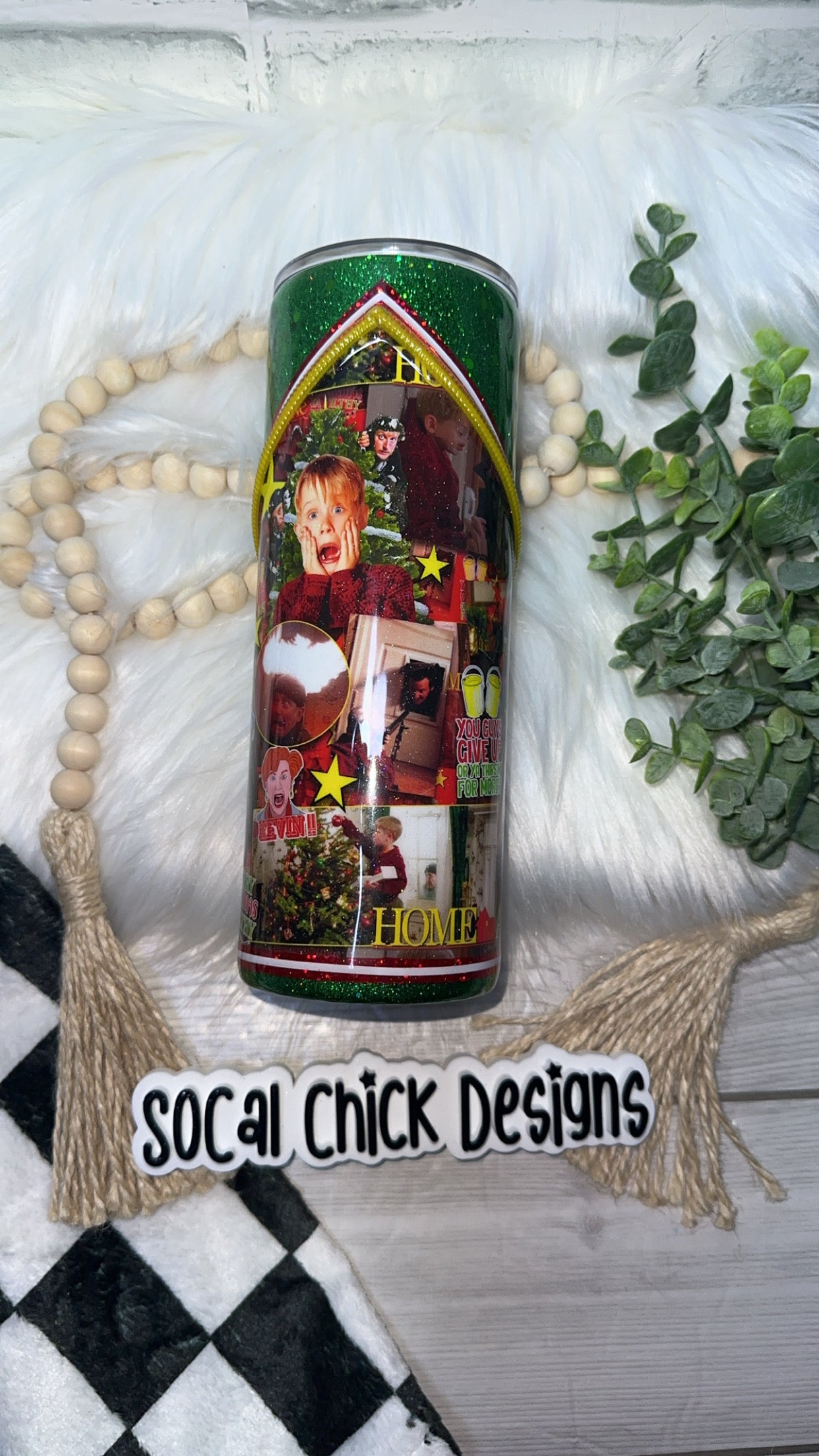 RTS {Kevin's Home Alone Zipper Tumbler with Charm & Snow Globe Bottom} 24oz Skinny