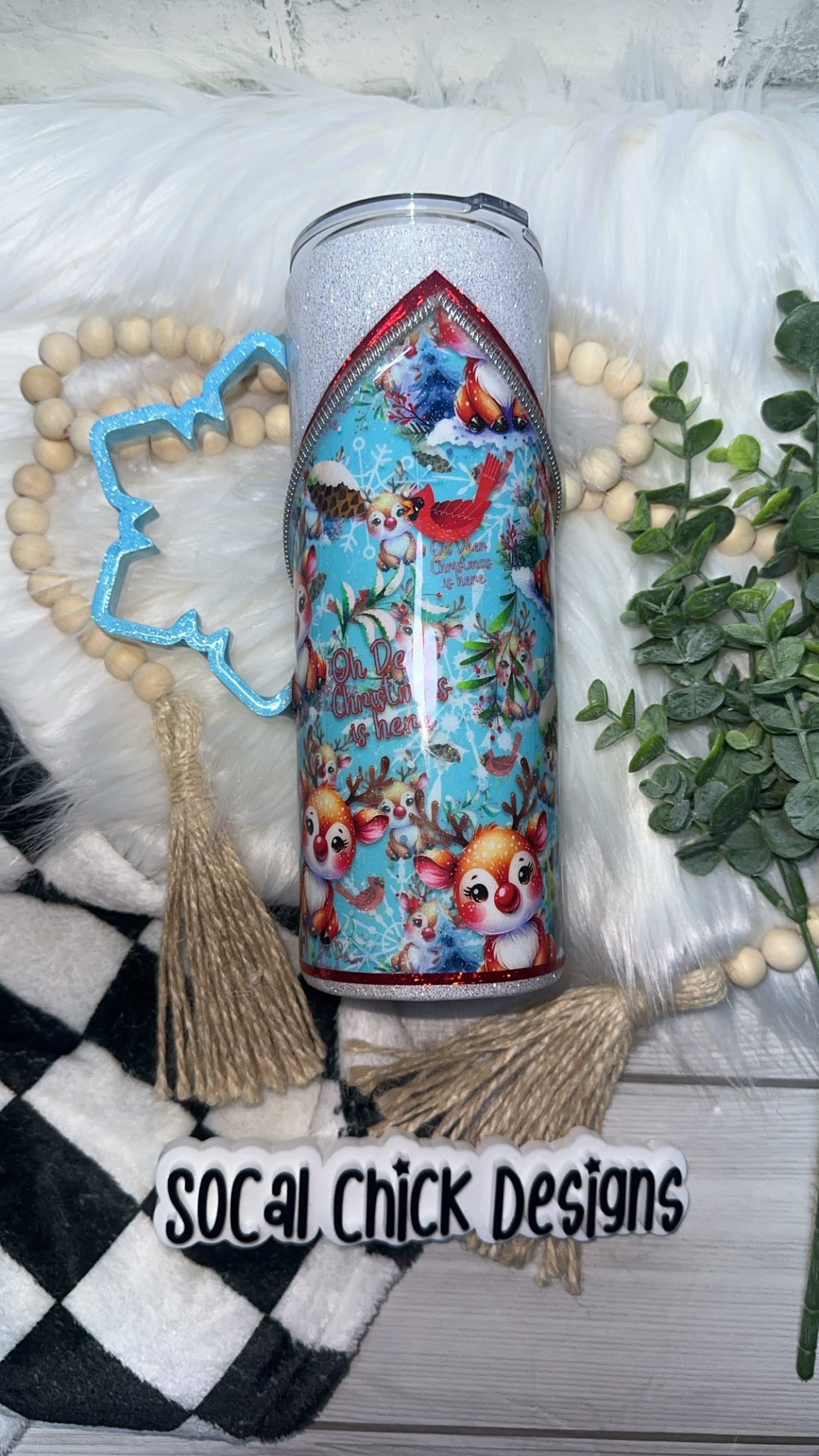 RTS {Oh Deer Zipper Tumbler with Charm, Snowflake Handle & Snow Globe Bottom} 24oz Skinny