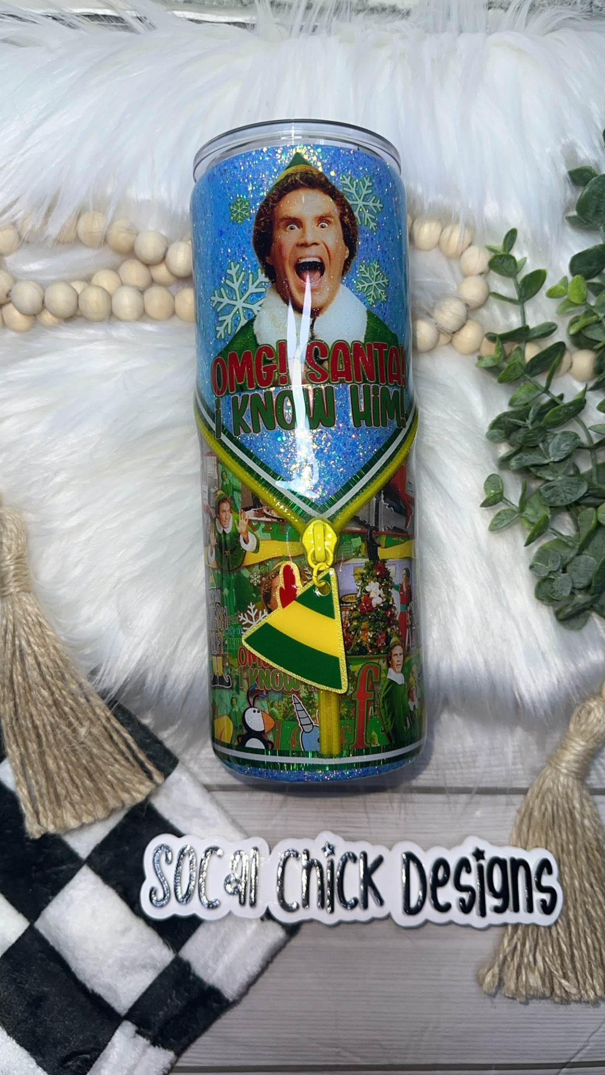 RTS {OMG Santa! I Know Him Zipper Tumbler with Charm & Snow Globe Bottom} 24oz Skinny