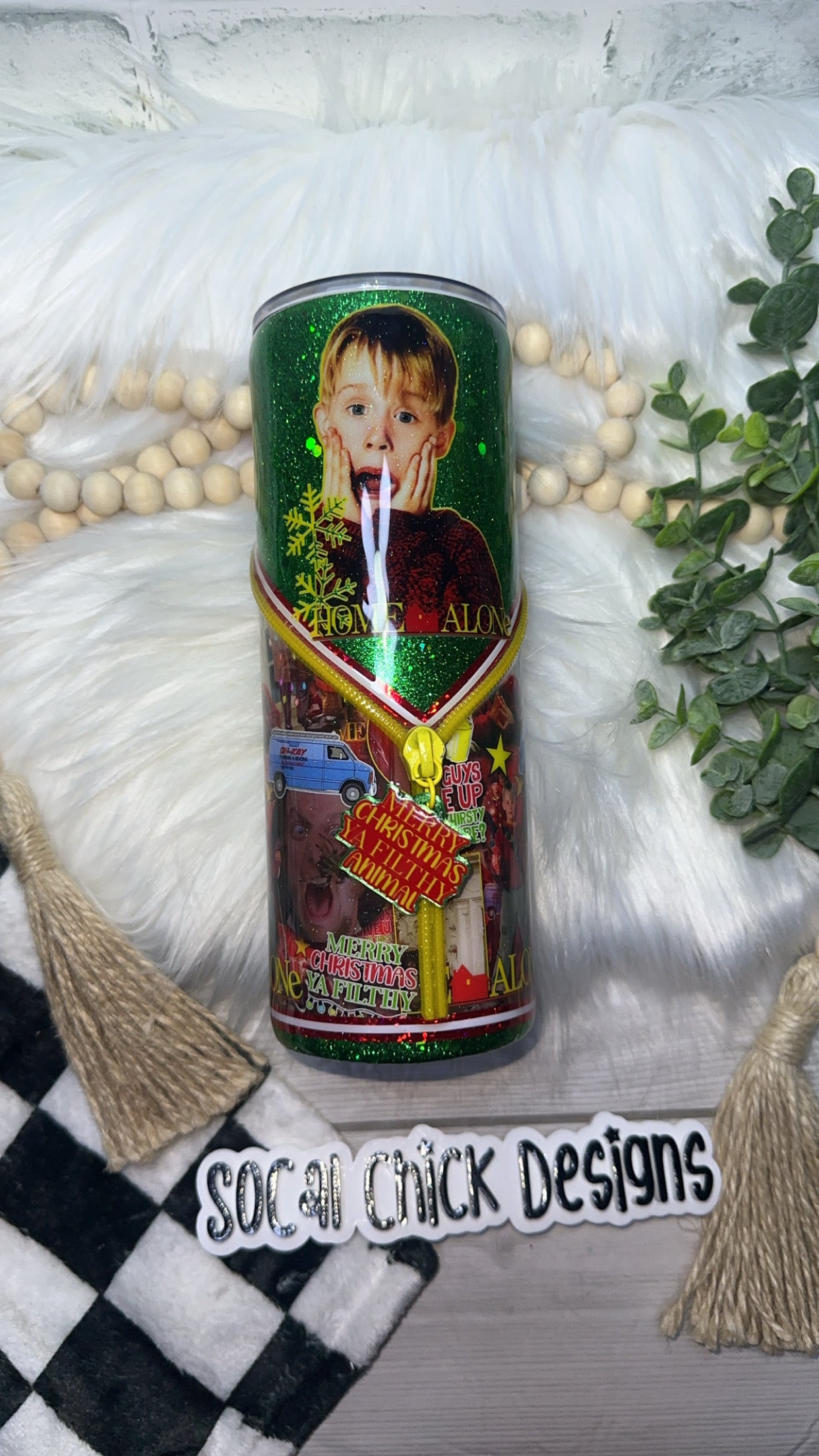 RTS {Kevin's Home Alone Zipper Tumbler with Charm & Snow Globe Bottom} 24oz Skinny