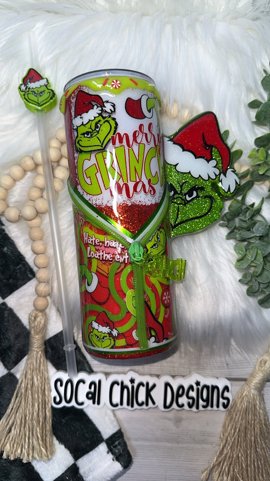 RTS {Merry Mean One Zipper Tumbler with Charm, Peeking Handle, Drip & Snow Globe Bottom} 24oz Skinny