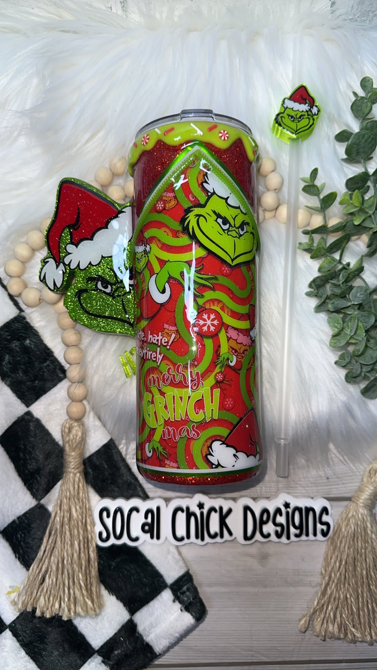 RTS {Merry Mean One Zipper Tumbler with Charm, Peeking Handle, Drip & Snow Globe Bottom} 24oz Skinny