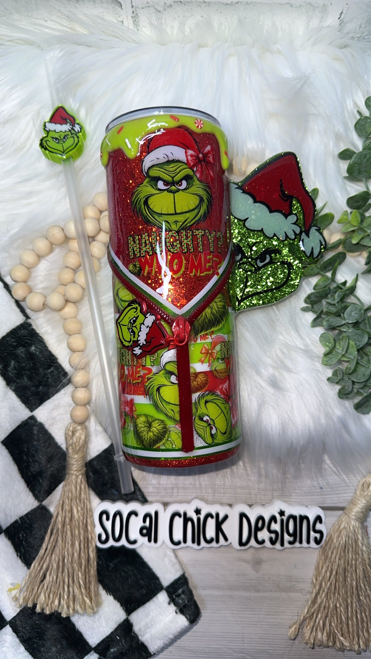 RTS {RED Naughty? Who Me?! Zipper Tumbler with Charm, Peeking Handle, Drip & Snow Globe Bottom} 24oz Skinny