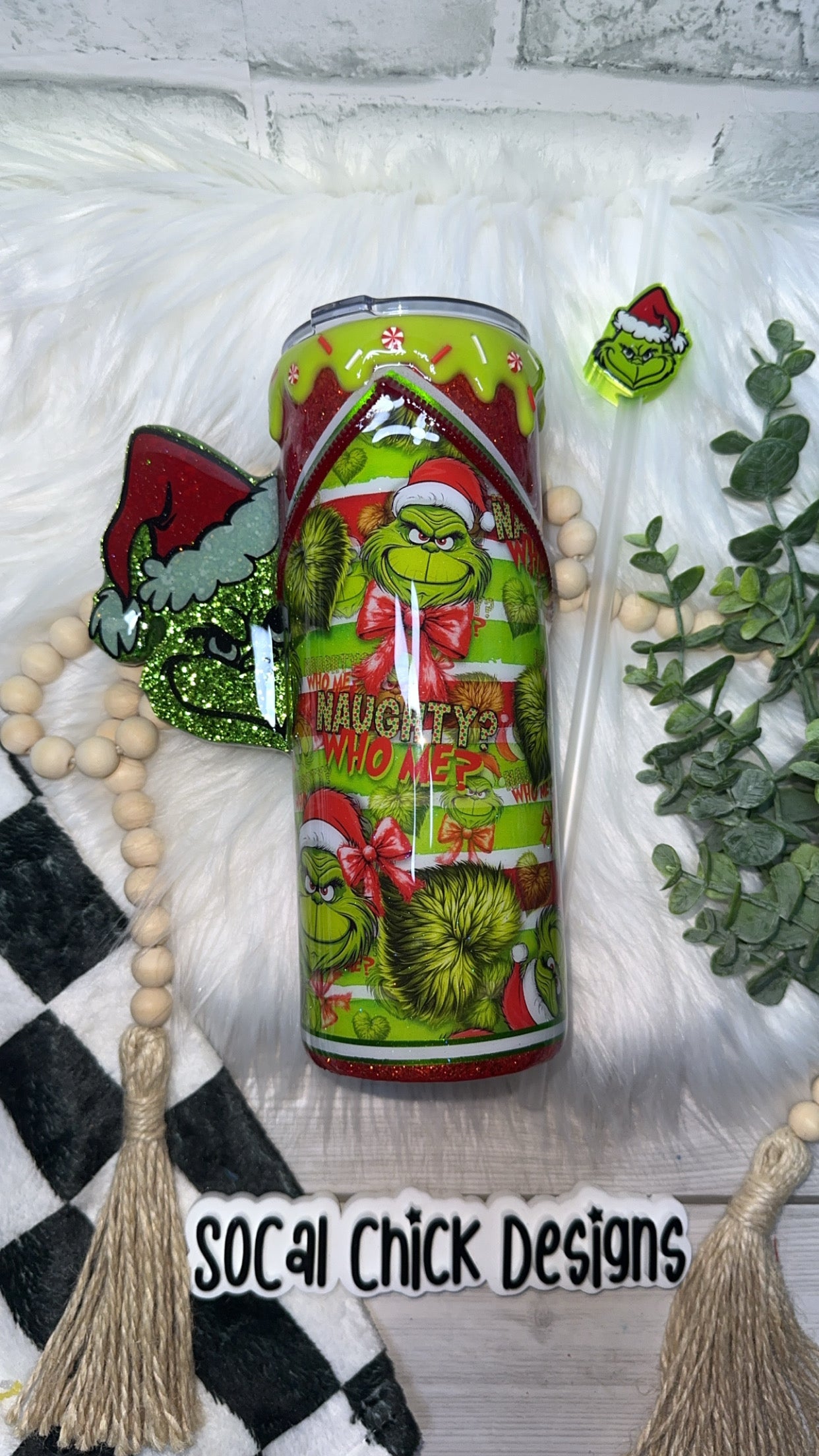 RTS {RED Naughty? Who Me?! Zipper Tumbler with Charm, Peeking Handle, Drip & Snow Globe Bottom} 24oz Skinny