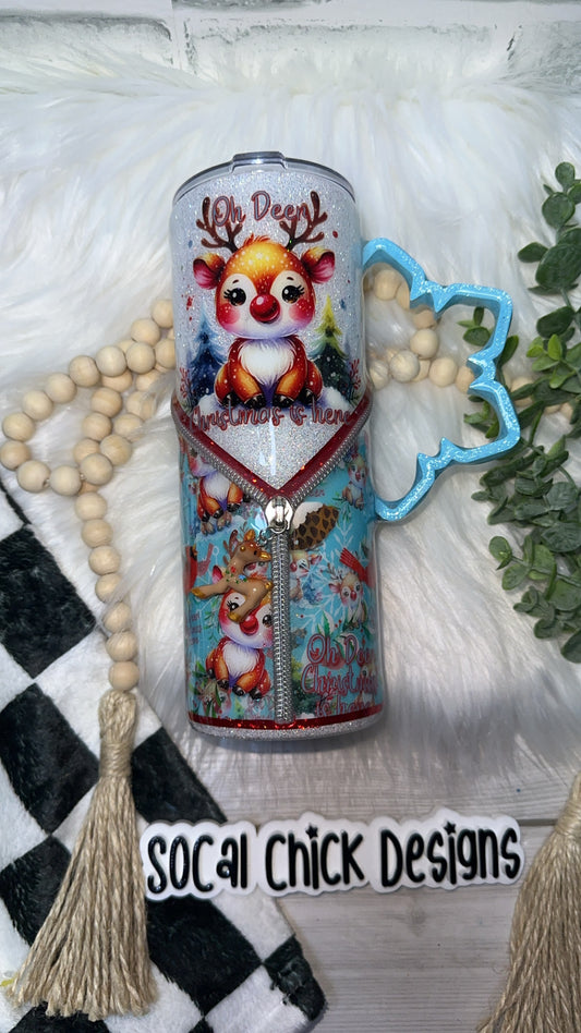 RTS {Oh Deer Zipper Tumbler with Charm, Snowflake Handle & Snow Globe Bottom} 24oz Skinny