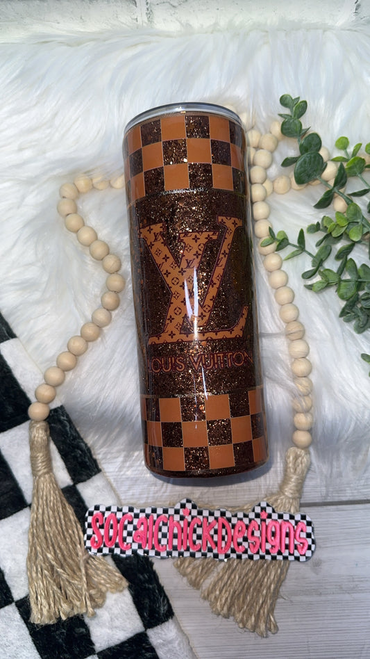 RTS {LV Inspired Brown Checkered Tumbler with Snow Globe Bottom} 24oz Skinny