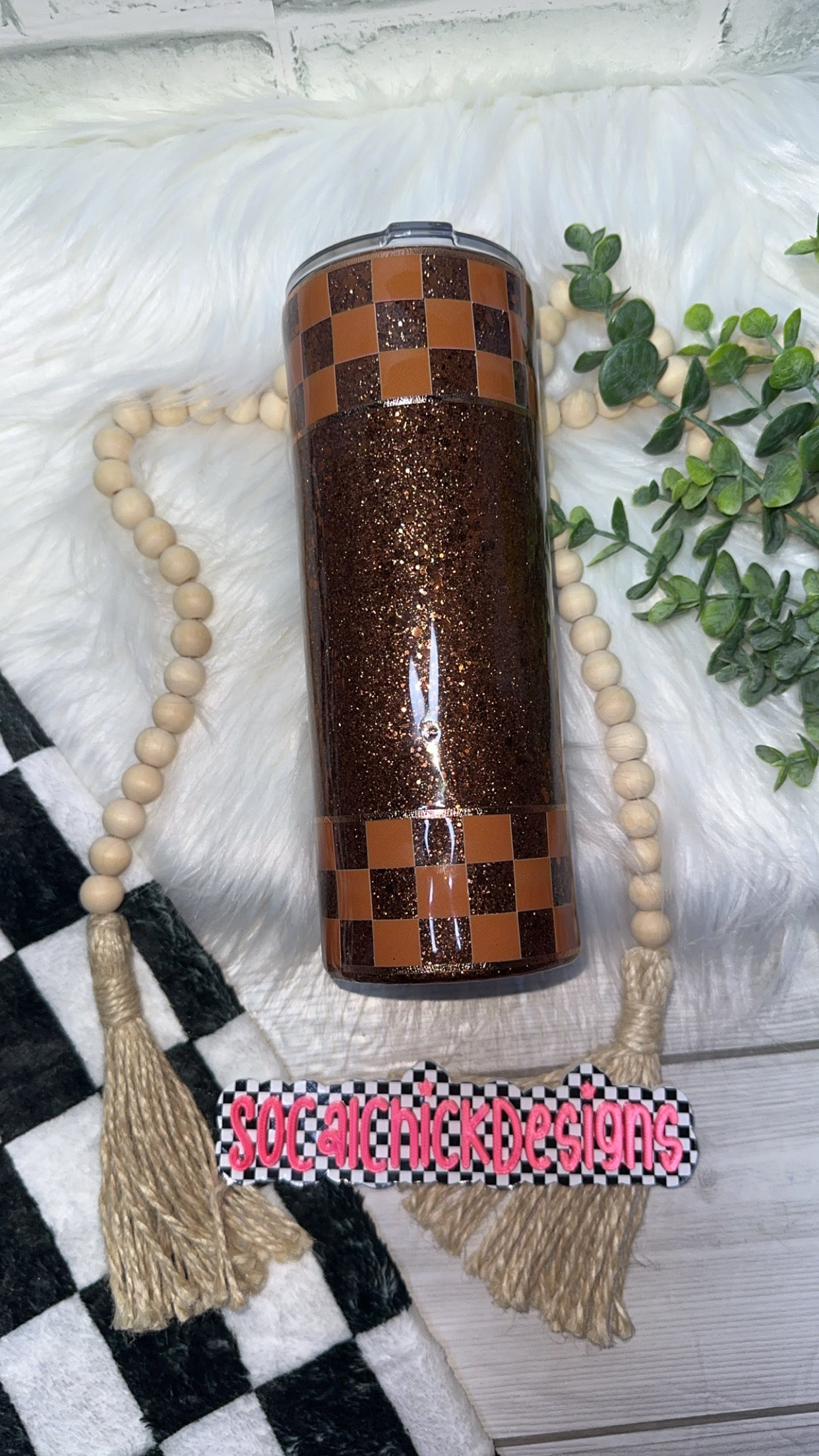 RTS {LV Inspired Brown Checkered Tumbler with Snow Globe Bottom} 24oz Skinny