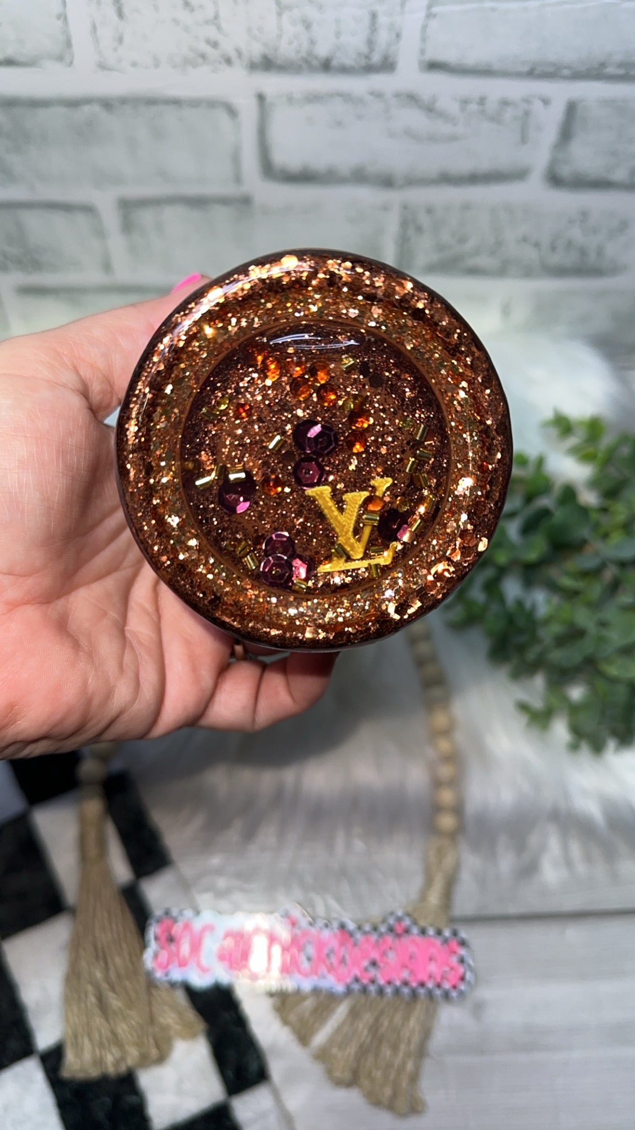 RTS {LV Inspired Brown Checkered Tumbler with Snow Globe Bottom} 24oz Skinny