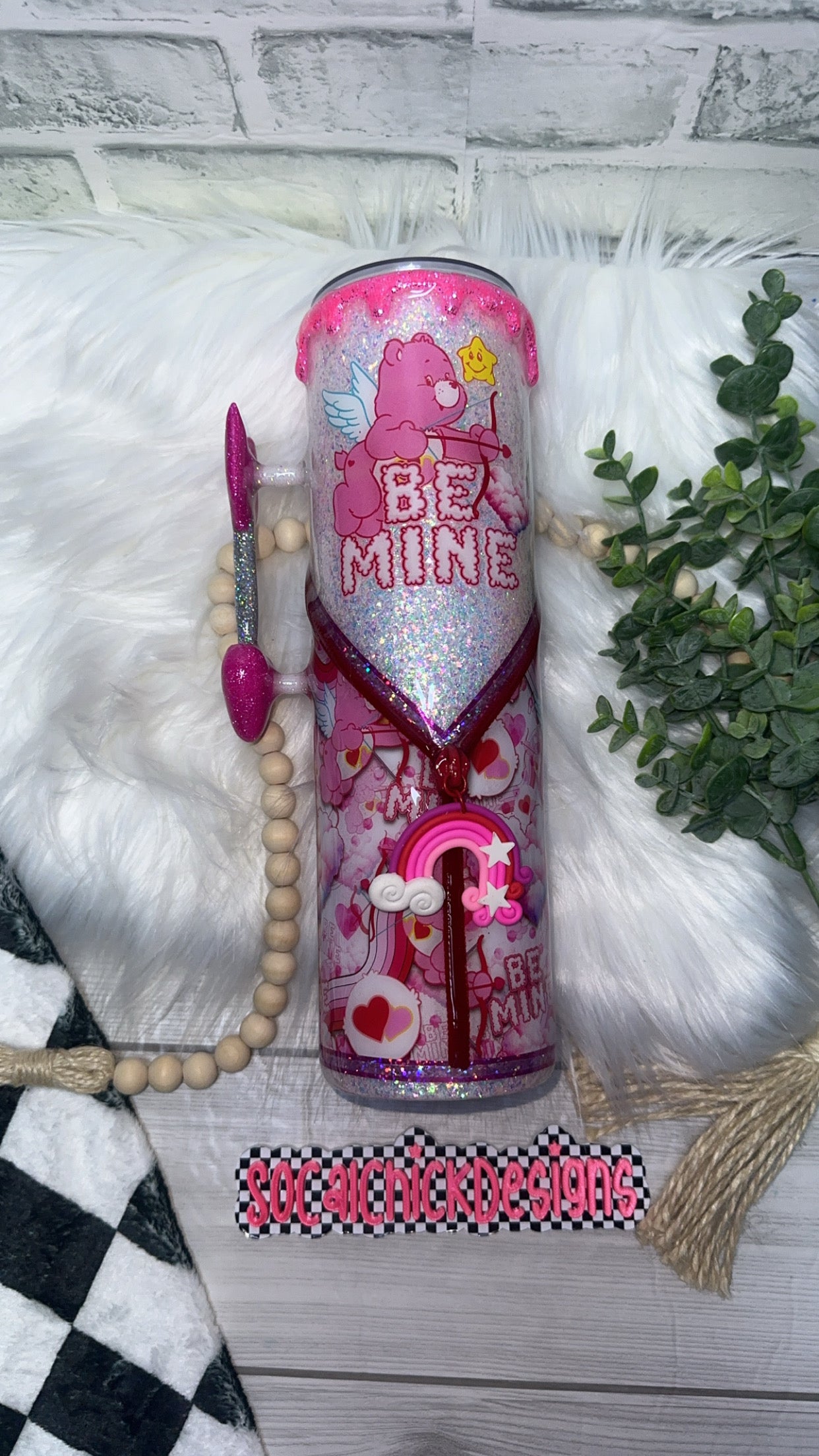 RTS {Be Mine Bear with Arrow Handle, Drip & Snow Globe Bottom} 32oz Skinny
