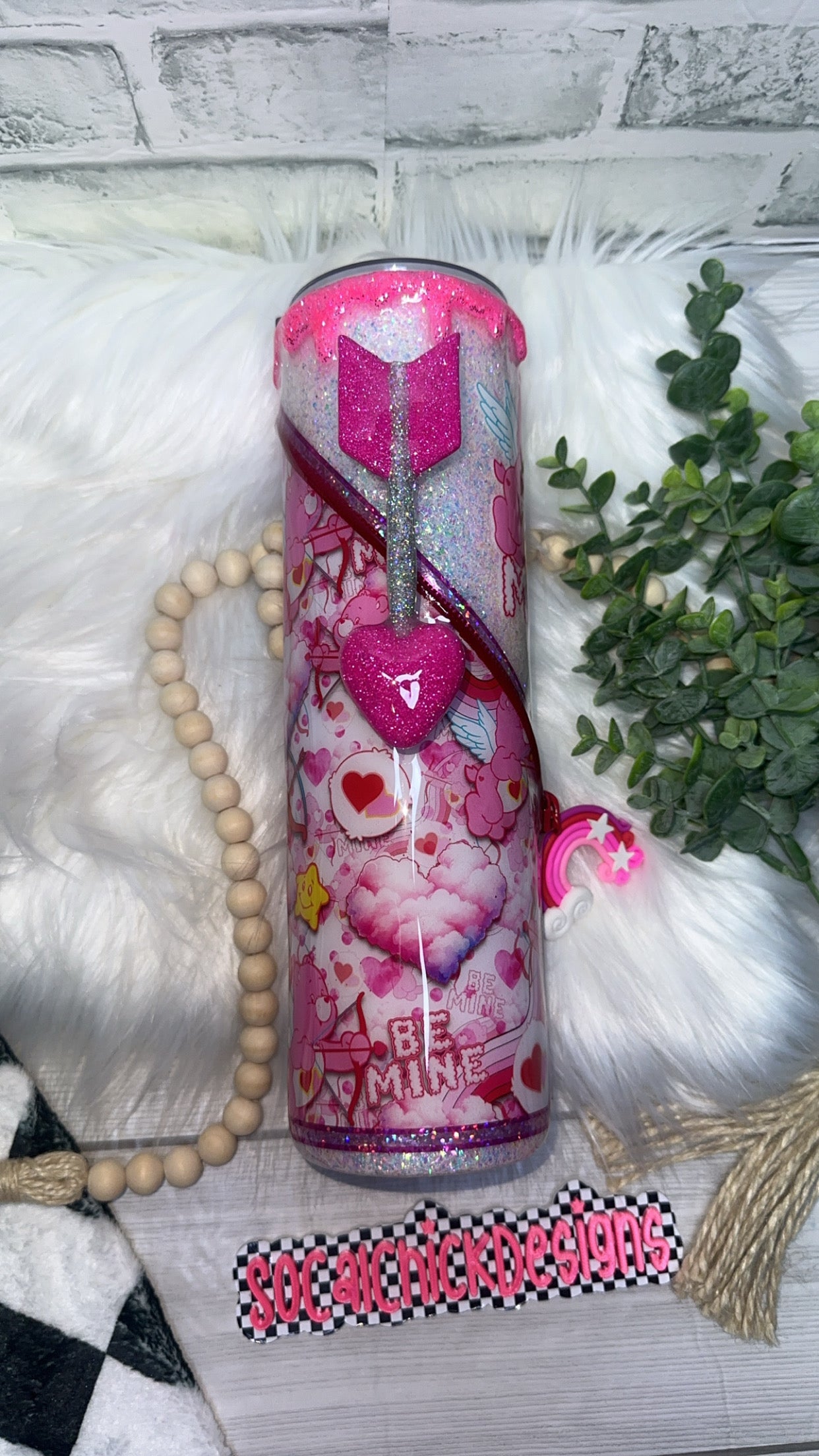 RTS {Be Mine Bear with Arrow Handle, Drip & Snow Globe Bottom} 32oz Skinny