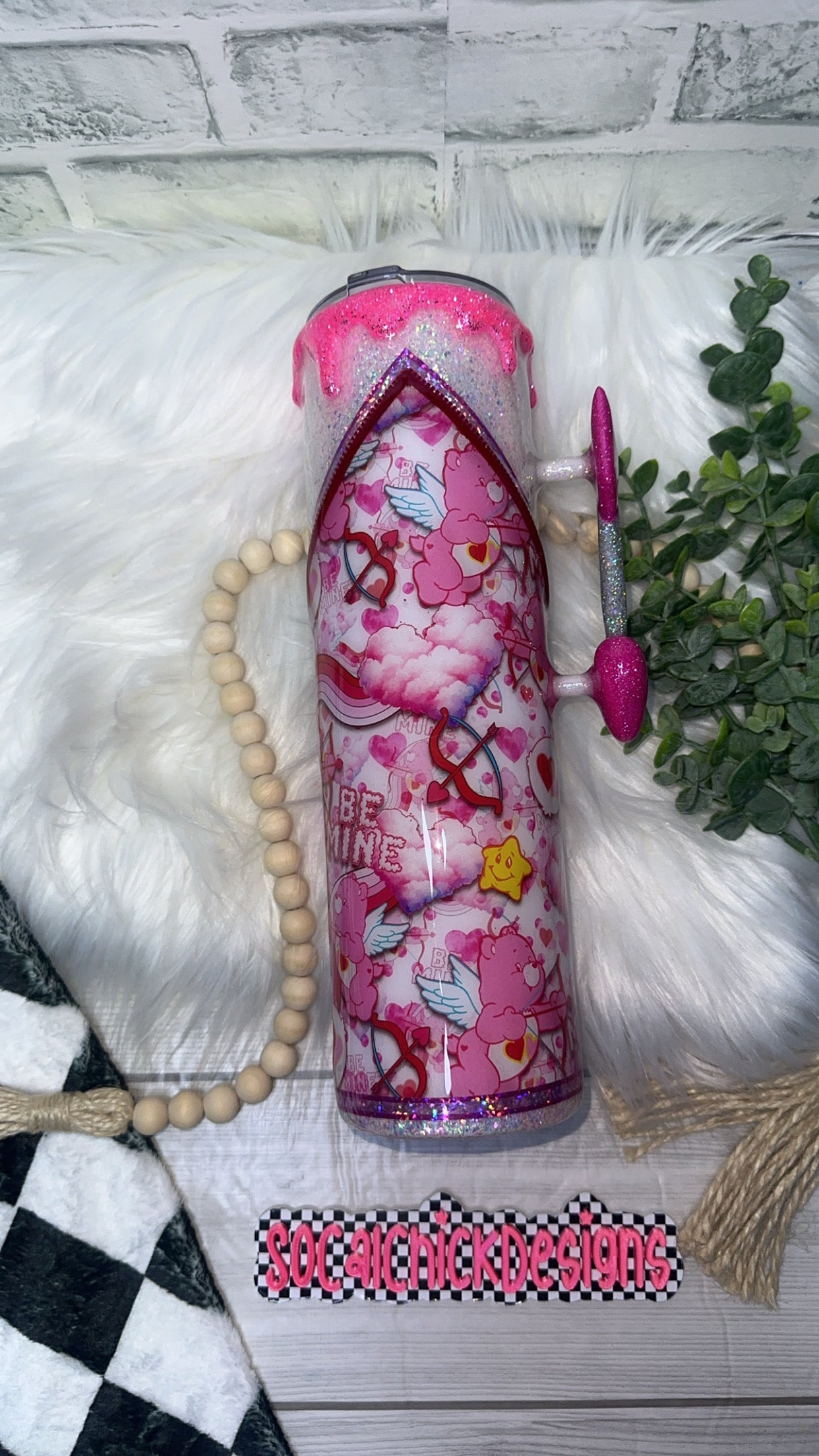 RTS {Be Mine Bear with Arrow Handle, Drip & Snow Globe Bottom} 32oz Skinny
