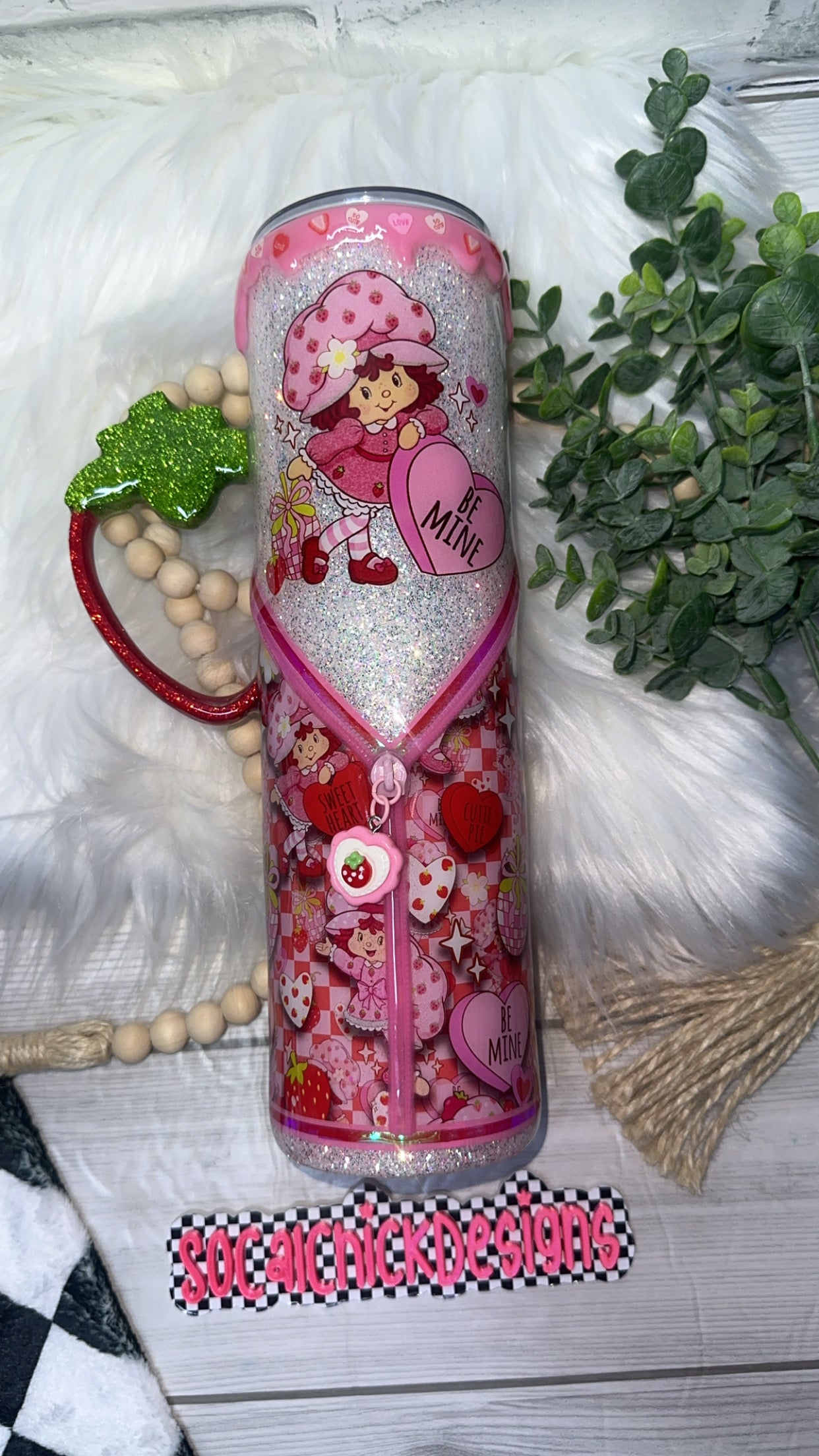 RTS {Be Mine Strawberry Girl with Strawberry Handle, Drip & Snow Globe Bottom} 32oz Skinny