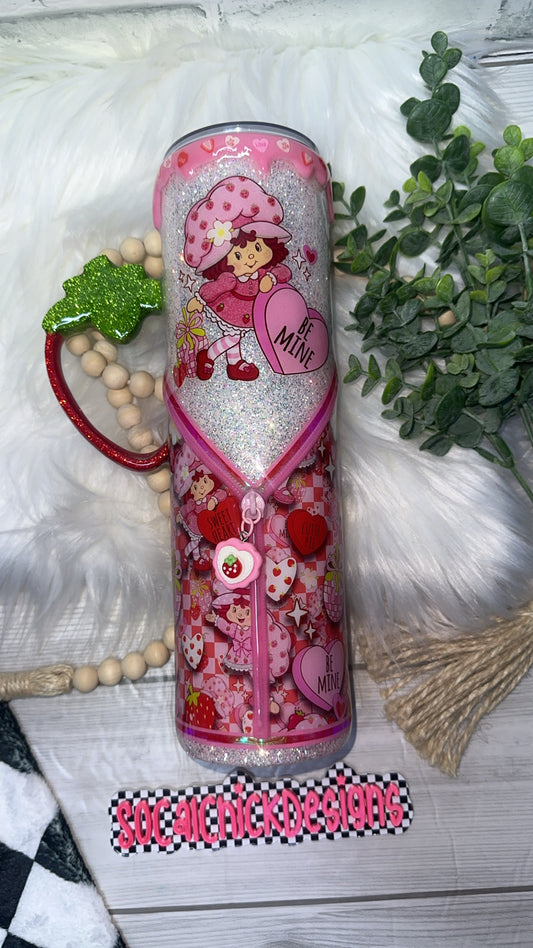 RTS {Be Mine Strawberry Girl with Strawberry Handle, Drip & Snow Globe Bottom} 32oz Skinny