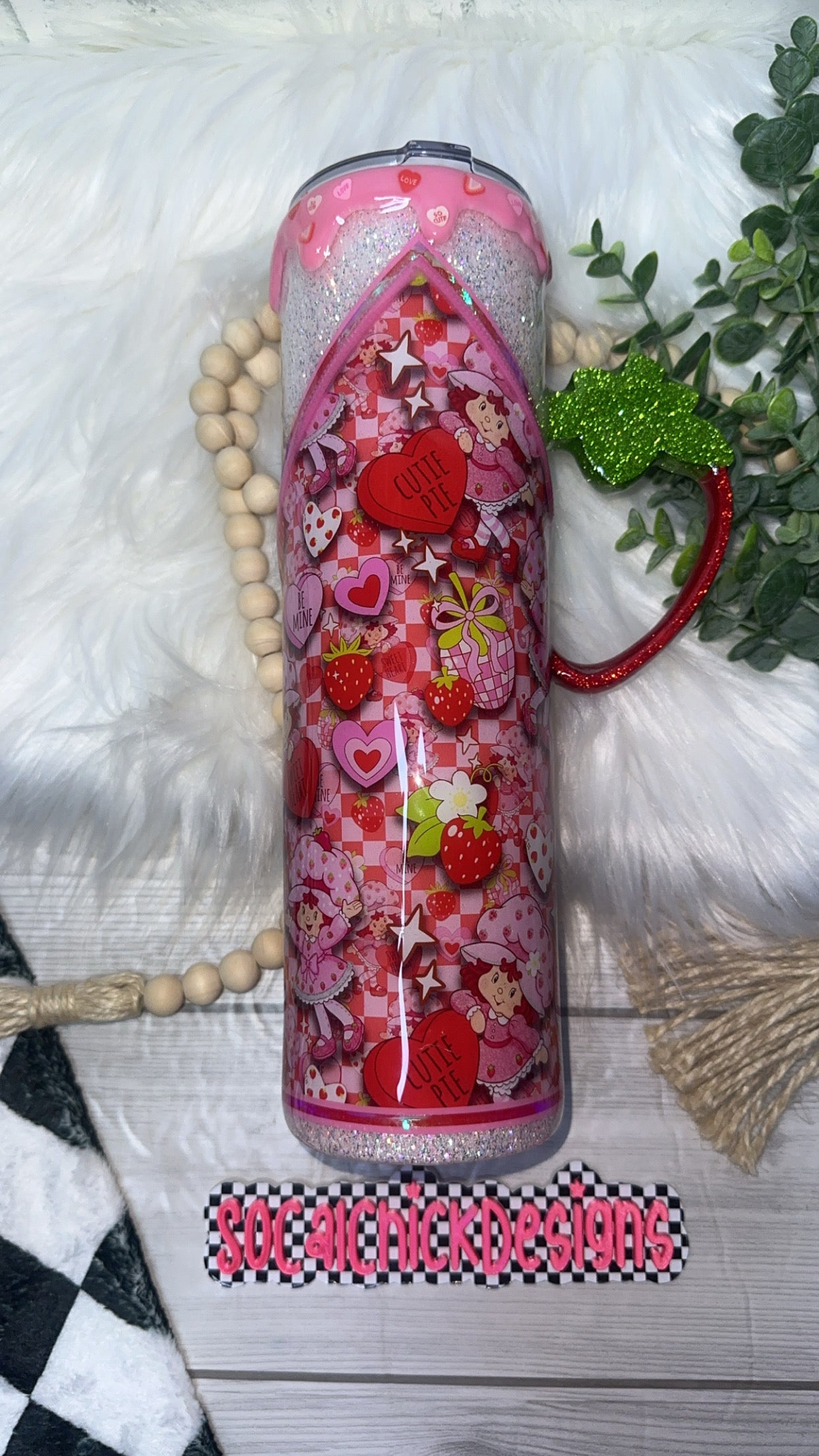RTS {Be Mine Strawberry Girl with Strawberry Handle, Drip & Snow Globe Bottom} 32oz Skinny