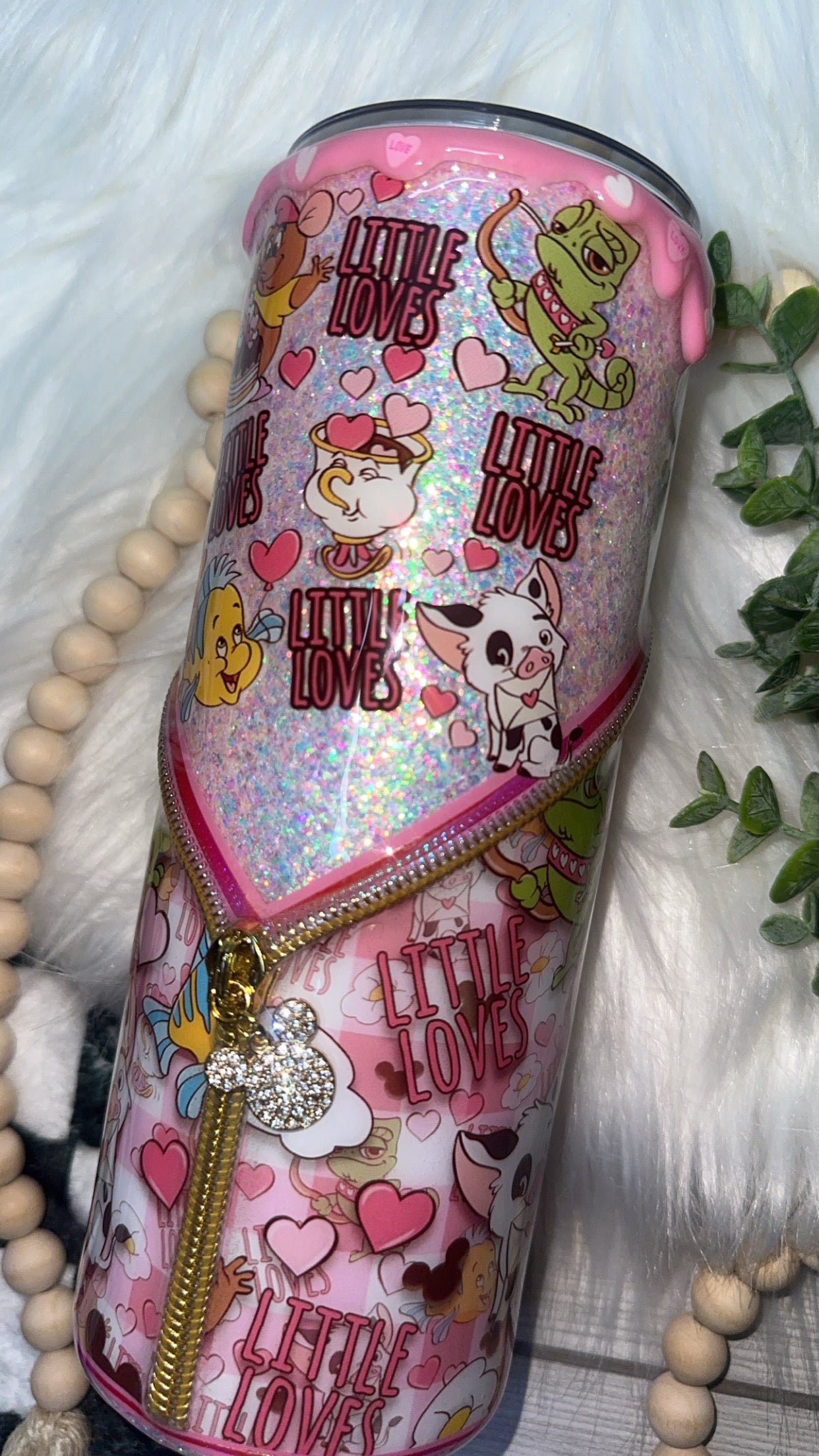 RTS {Little Loves Sidekicks with Zipper, Charm, Drip & Snow Globe Bottom} 24oz Skinny