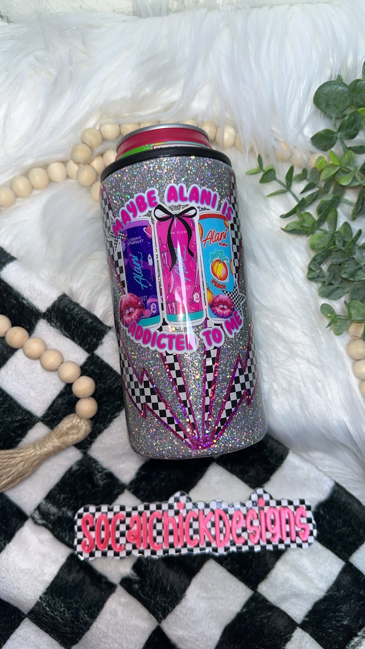 RTS {Energy Drink - Addicted To Me with Snow Globe Bottom} Slim Can Koozie