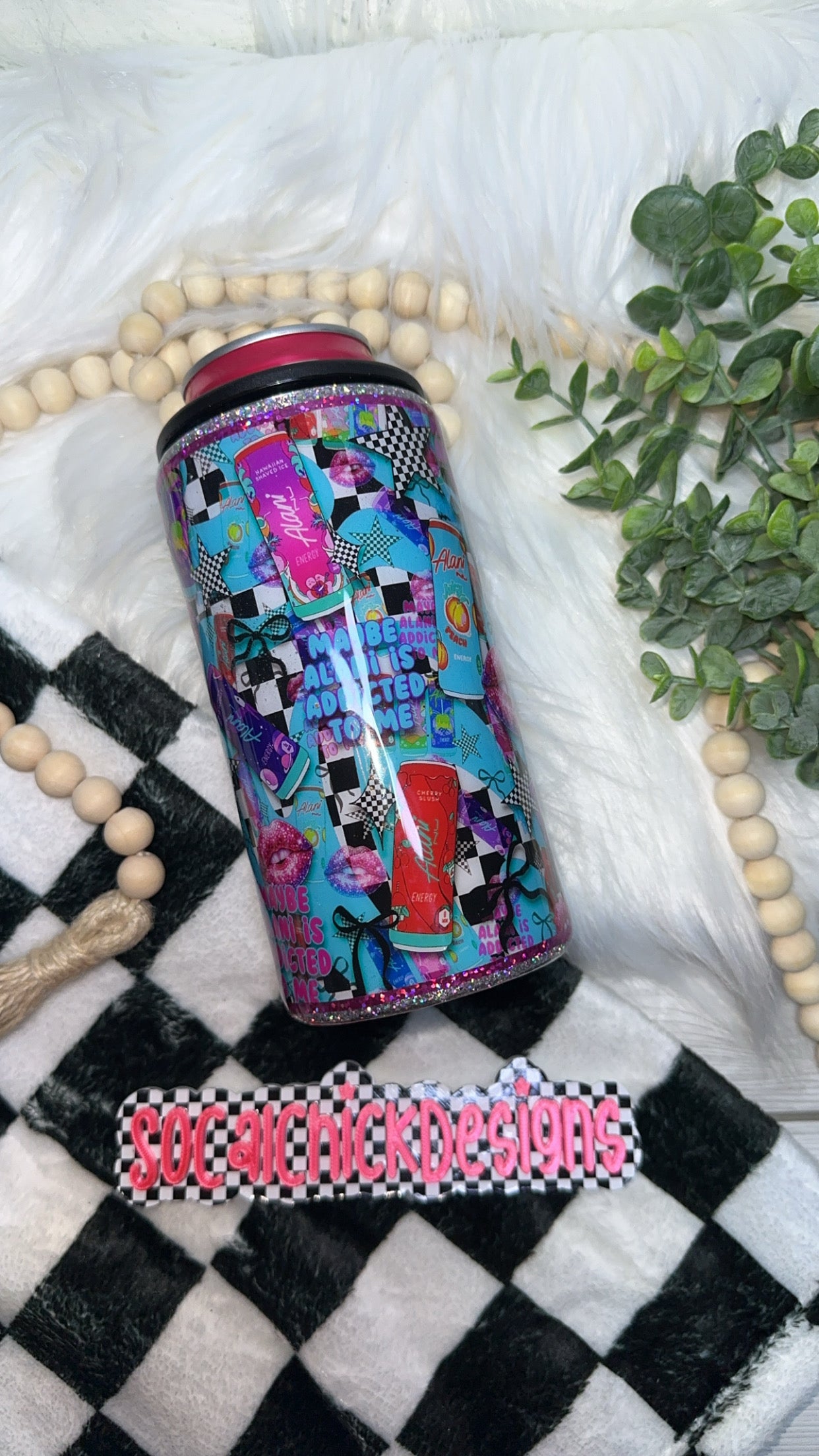 RTS {Energy Drink - Addicted To Me with Snow Globe Bottom} Slim Can Koozie