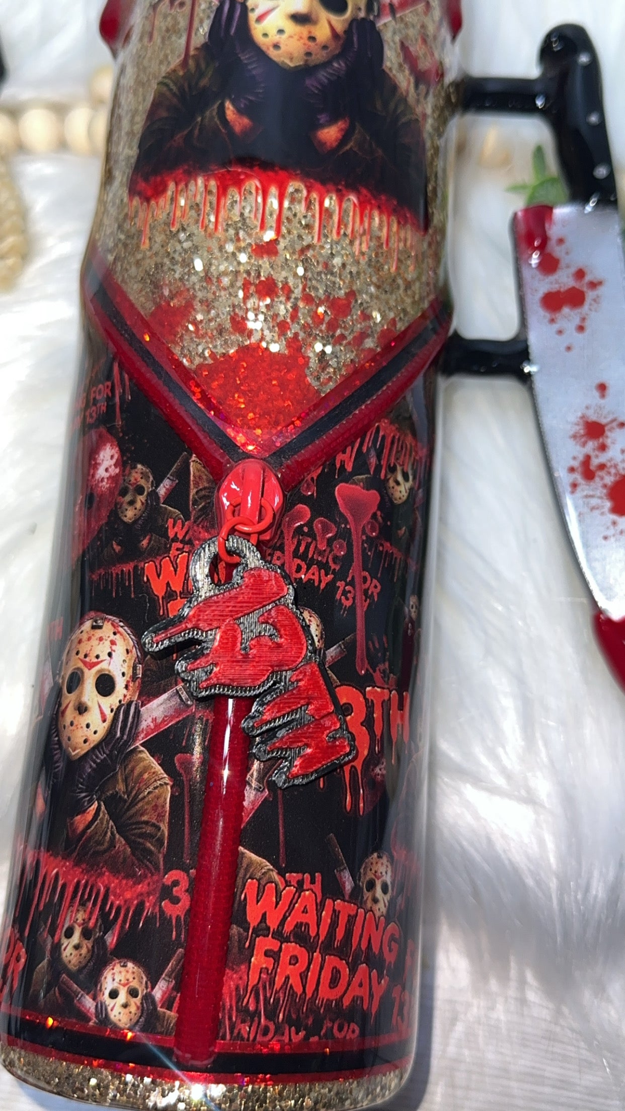 Be RTS {Waiting for Friday the 13th Zipper & Charm, Knife Handle, Drip & Snow Globe } 32oz Skinny