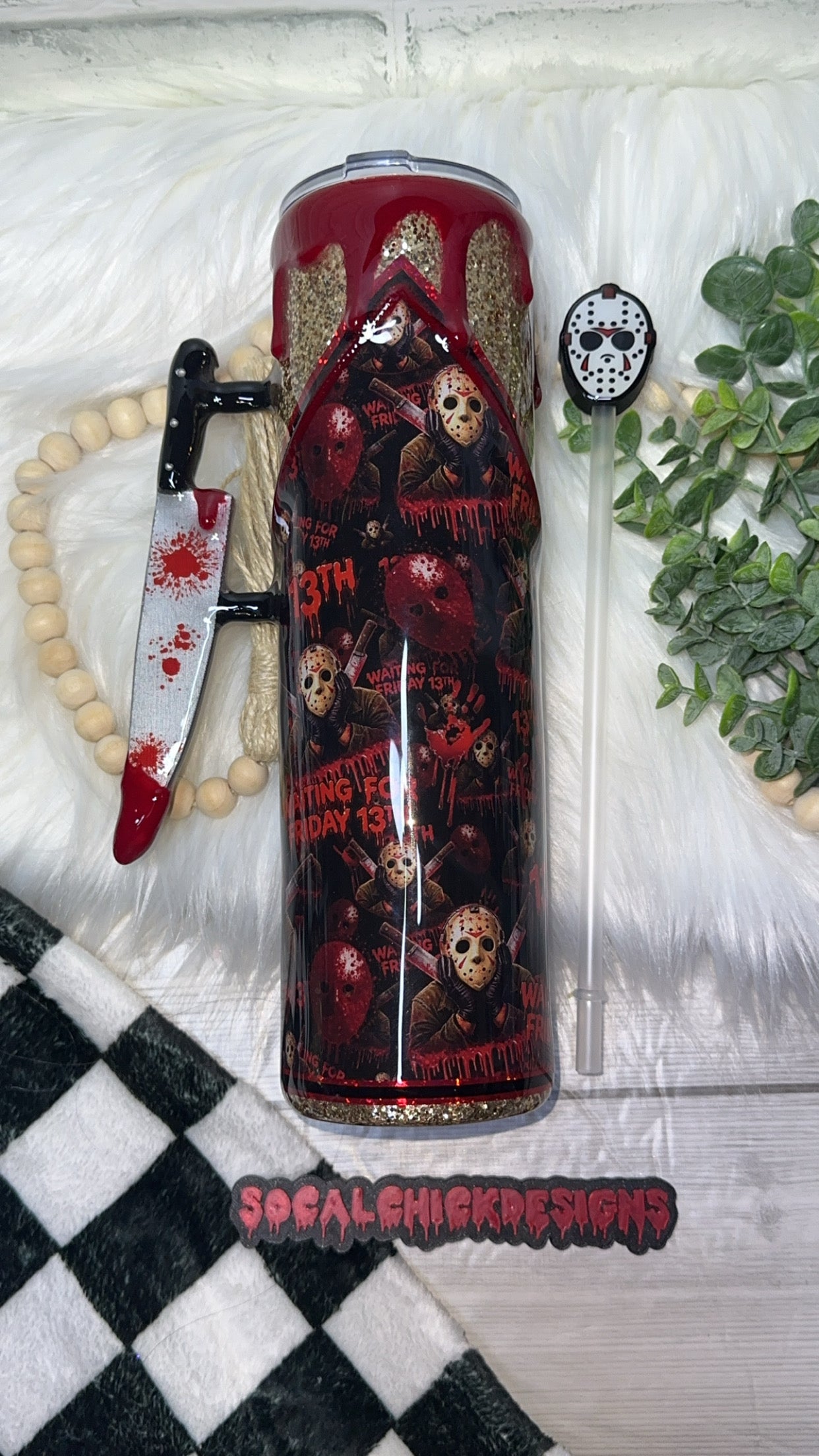 Be RTS {Waiting for Friday the 13th Zipper & Charm, Knife Handle, Drip & Snow Globe } 32oz Skinny