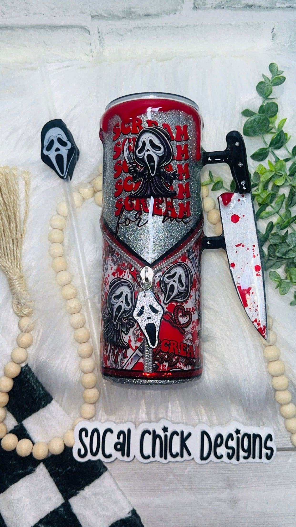 RTS {GF Scream For Me Zipper Tumbler with Charm, Knife Handle, Drip & Snow Globe Bottom} 24oz Skinny