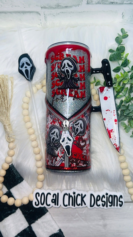 RTS {GF Scream For Me Zipper Tumbler with Charm, Knife Handle, Drip & Snow Globe Bottom} 24oz Skinny