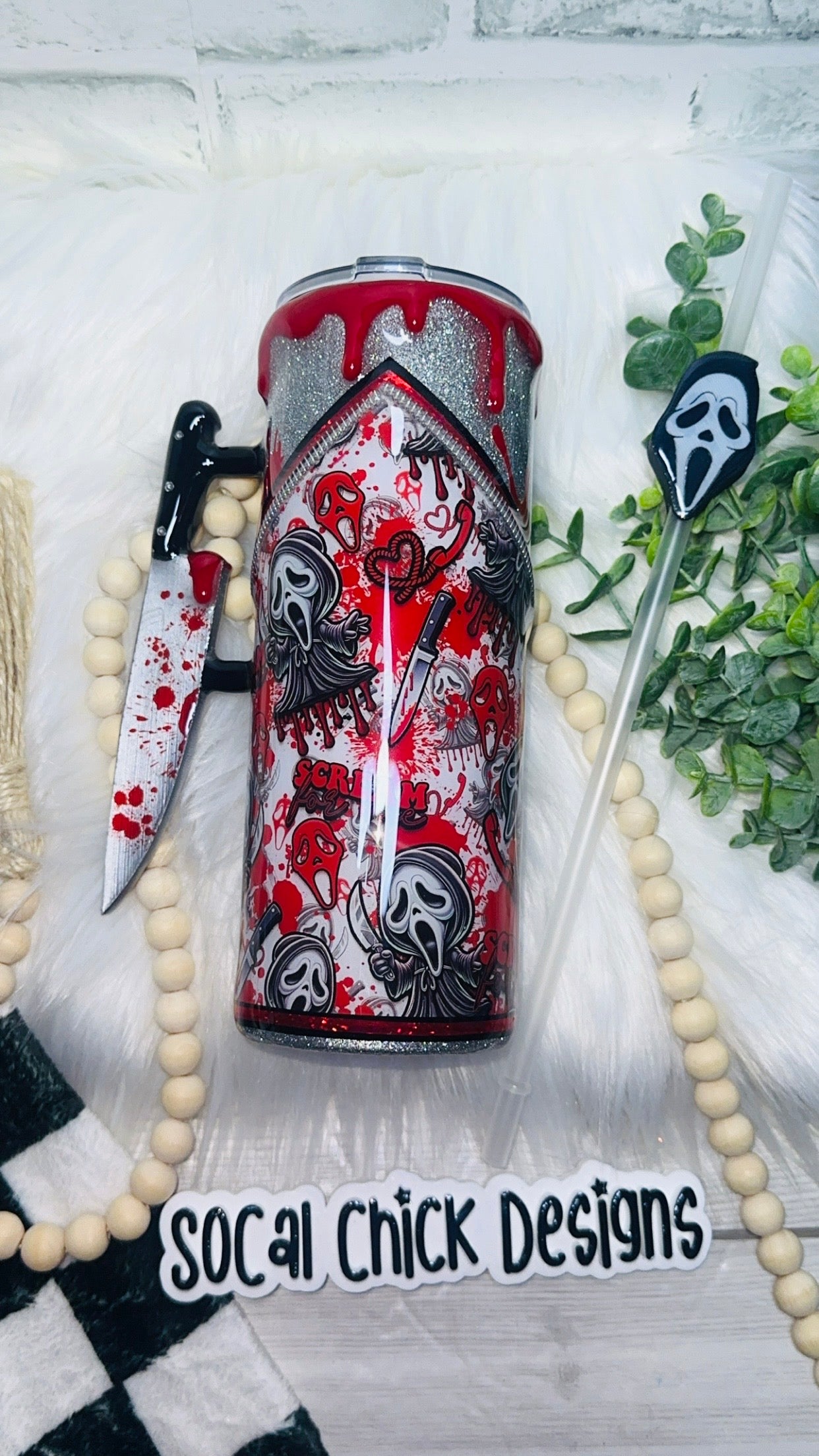 RTS {GF Scream For Me Zipper Tumbler with Charm, Knife Handle, Drip & Snow Globe Bottom} 24oz Skinny