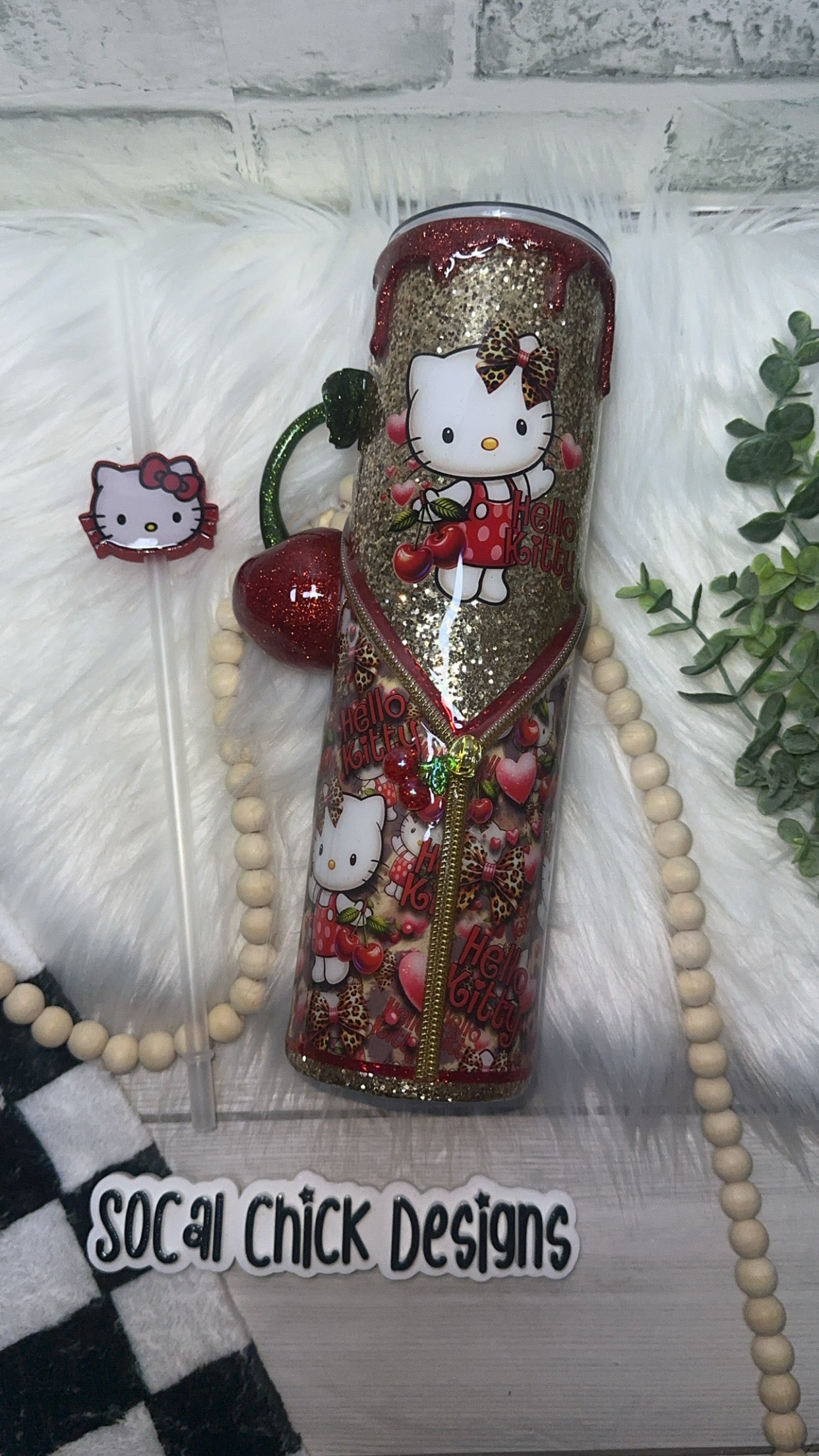 RTS {HK Kitty Cherry Zipper Tumbler w Charm, Cherry Handle, Glitter Drip & Snow Globe Bottom} 32oz Skinny