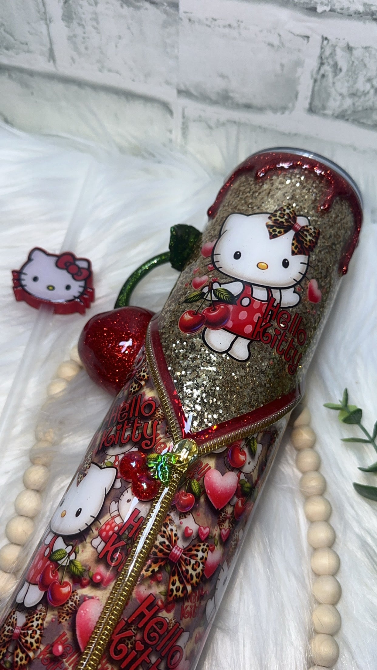 RTS {HK Kitty Cherry Zipper Tumbler w Charm, Cherry Handle, Glitter Drip & Snow Globe Bottom} 32oz Skinny