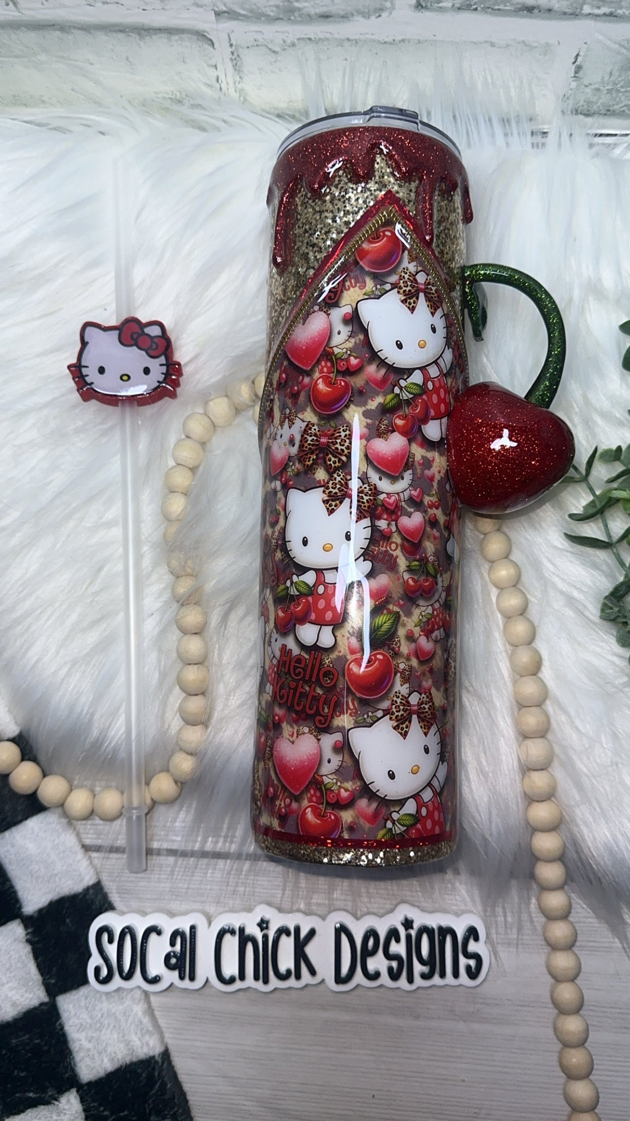 RTS {HK Kitty Cherry Zipper Tumbler w Charm, Cherry Handle, Glitter Drip & Snow Globe Bottom} 32oz Skinny