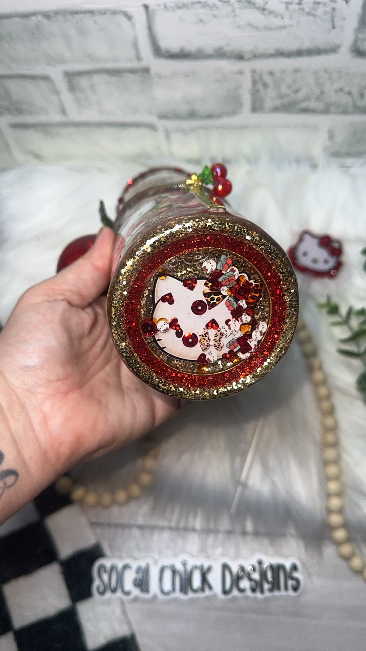 RTS {HK Kitty Cherry Zipper Tumbler w Charm, Cherry Handle, Glitter Drip & Snow Globe Bottom} 32oz Skinny
