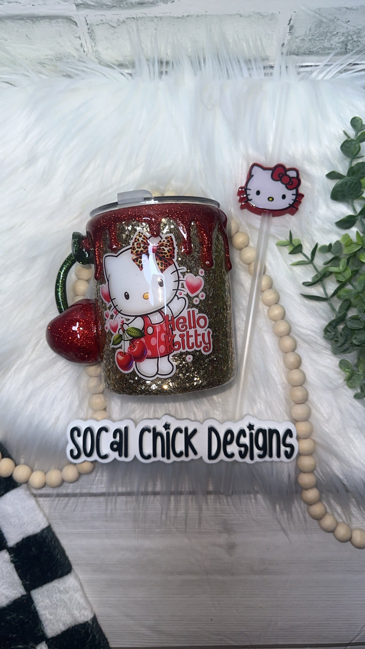 RTS {HK Kitty Cherry w Cherry Handle & Glitter Drip} 10oz Mug