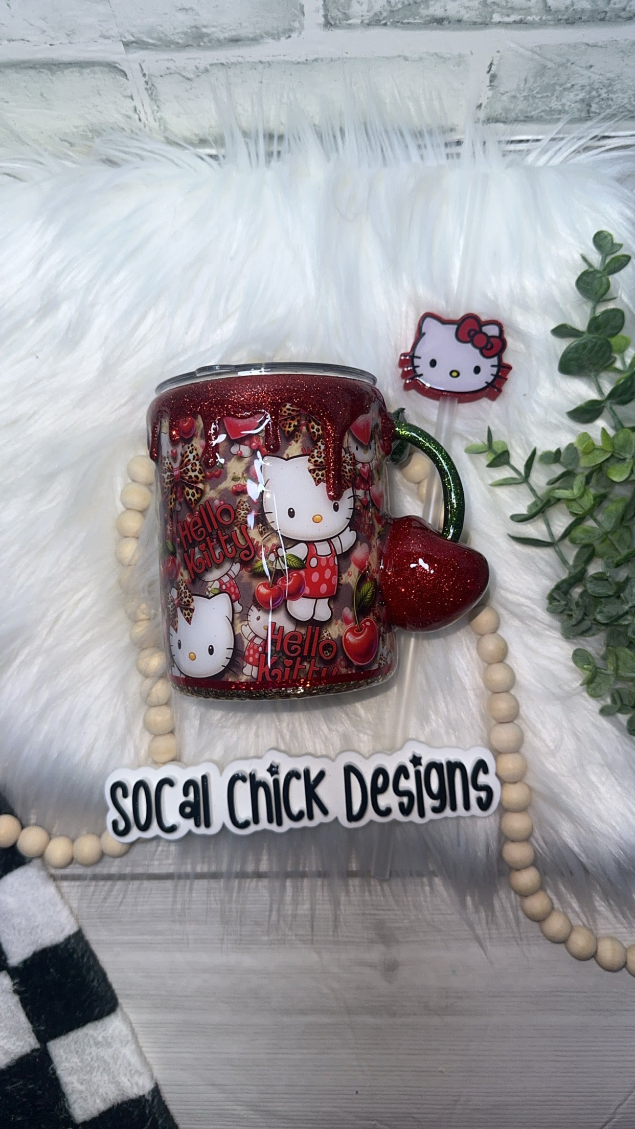 RTS {HK Kitty Cherry w Cherry Handle & Glitter Drip} 10oz Mug